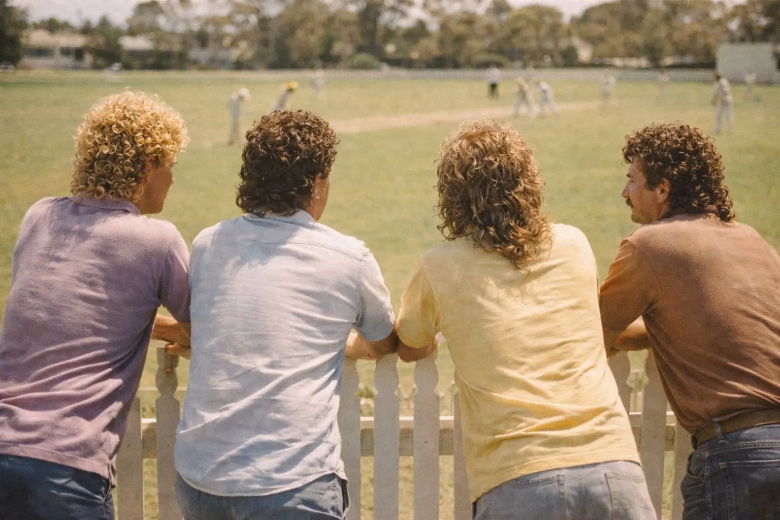 Four mates with mullets leaning on a picket fence, watching a local cricket match