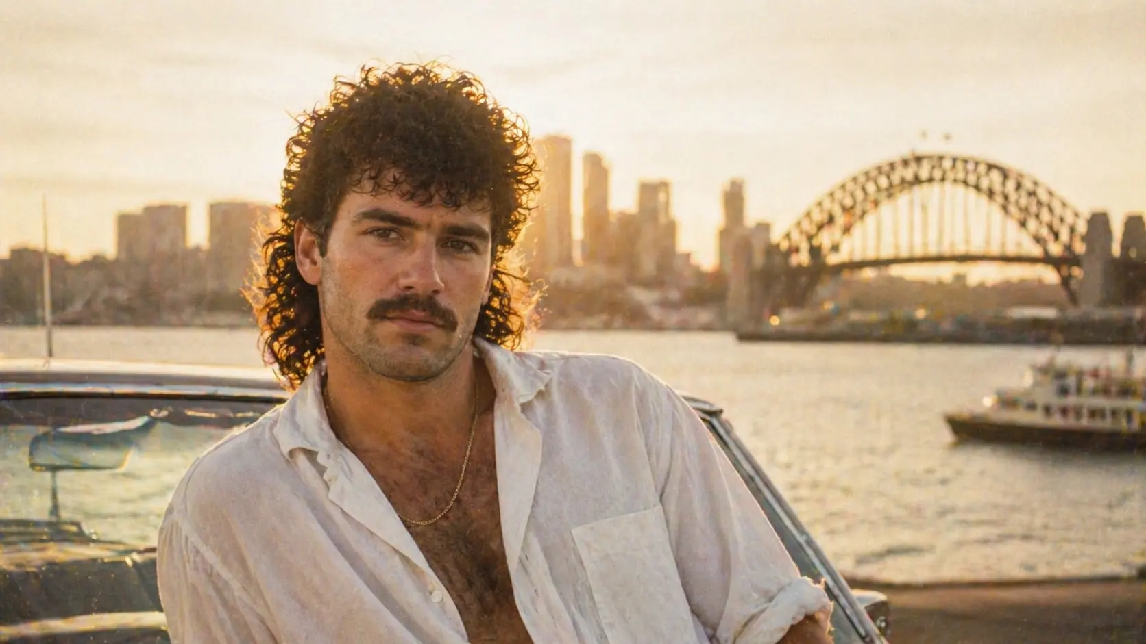 A man with a curly mullet and moustache in front of Sydney Harbour and the Harbour Bridge at golden hour