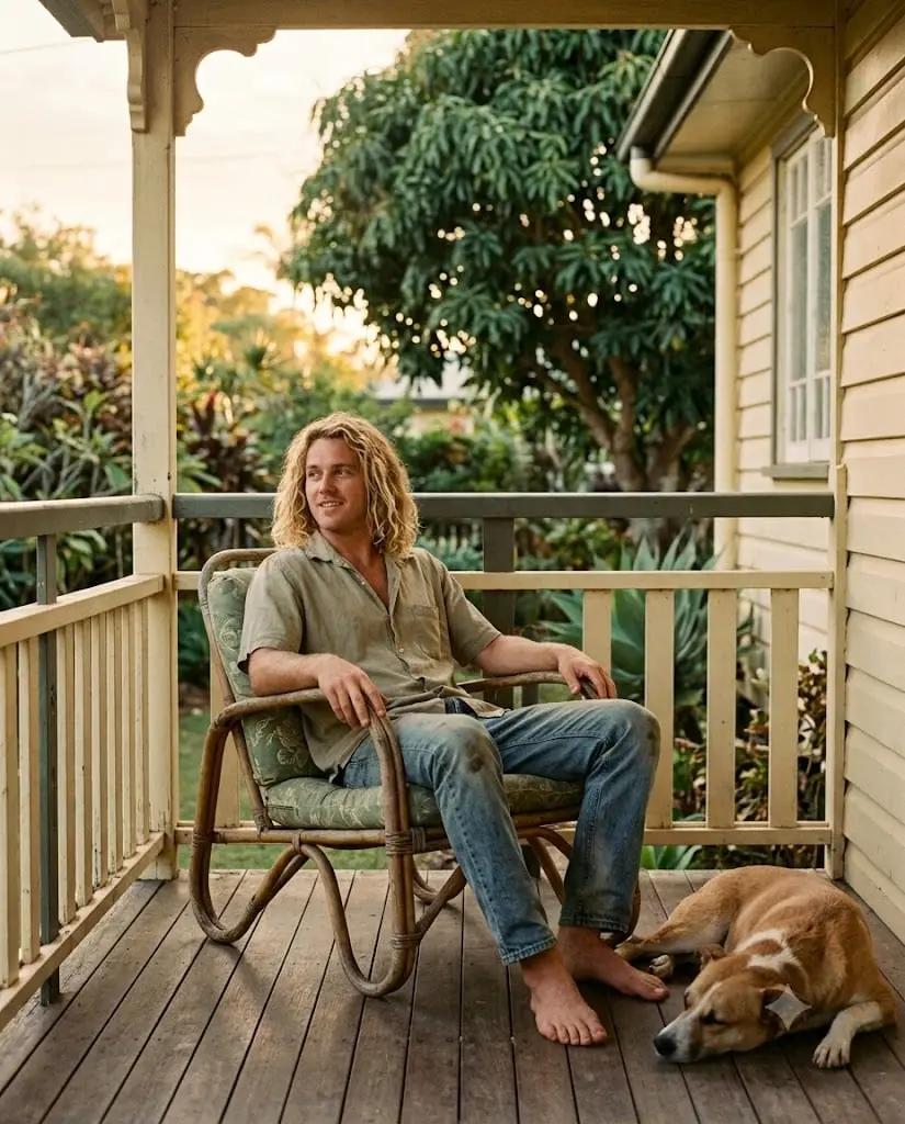 A long-haired man relaxing in a cane chair on a timber verandah, his dog asleep at his feet