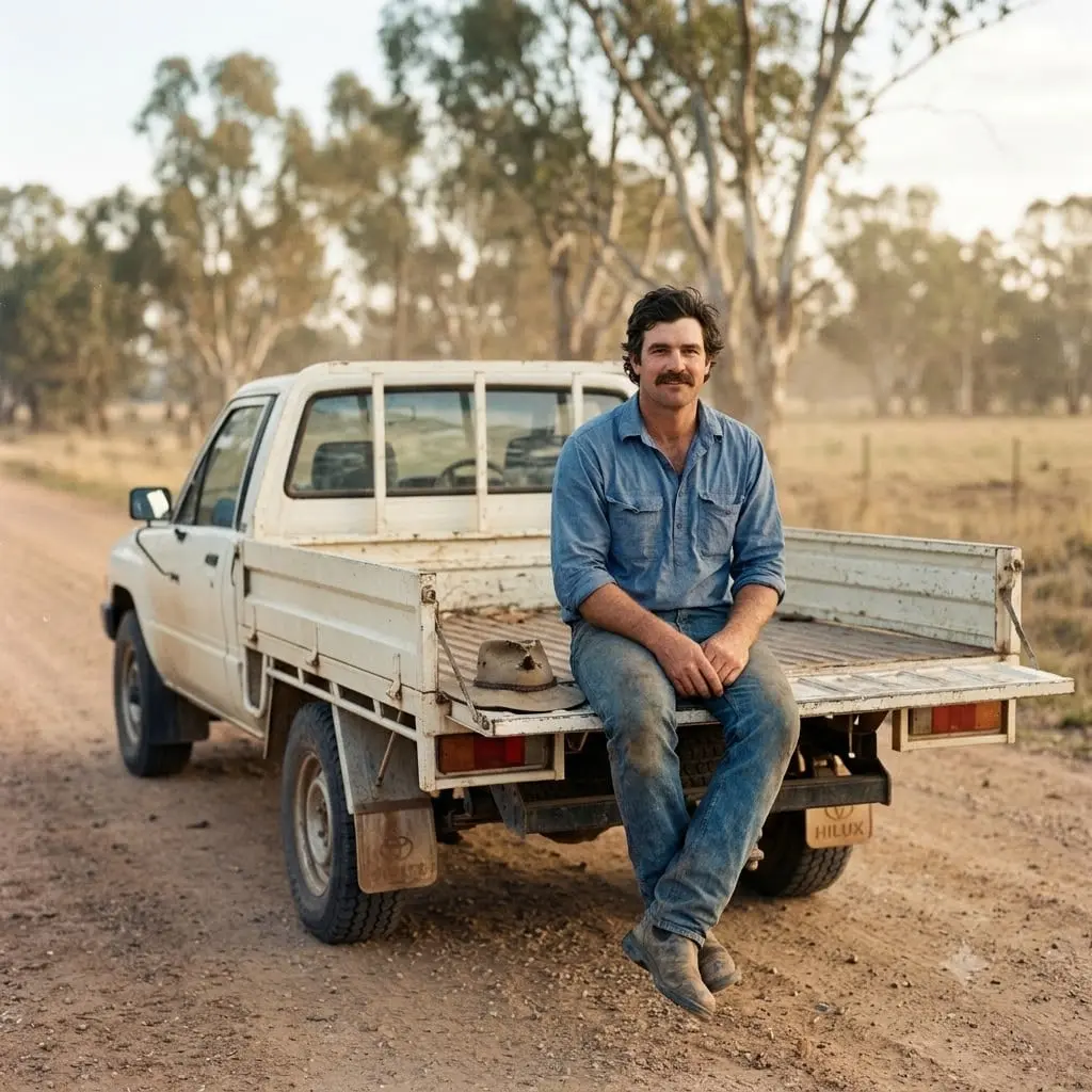 A man with a moustache sitting on the tray of a white ute on a country road